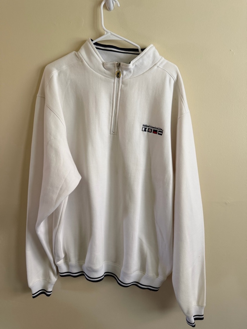 Men's White Quarter-Zip Sweater with Striped Trim